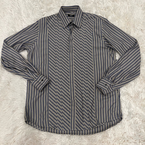 Hugo Boss Other - BOSS Hugo Boss Men's Long Sleeve Button-Down Shirt 41 / 16 Striped Blue Brown